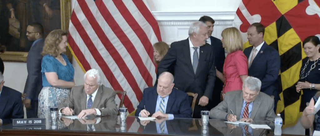 This is screenshot of former Maryland Governor Larry Hogan signing a bill in May 2018 banning conversion therapy. 